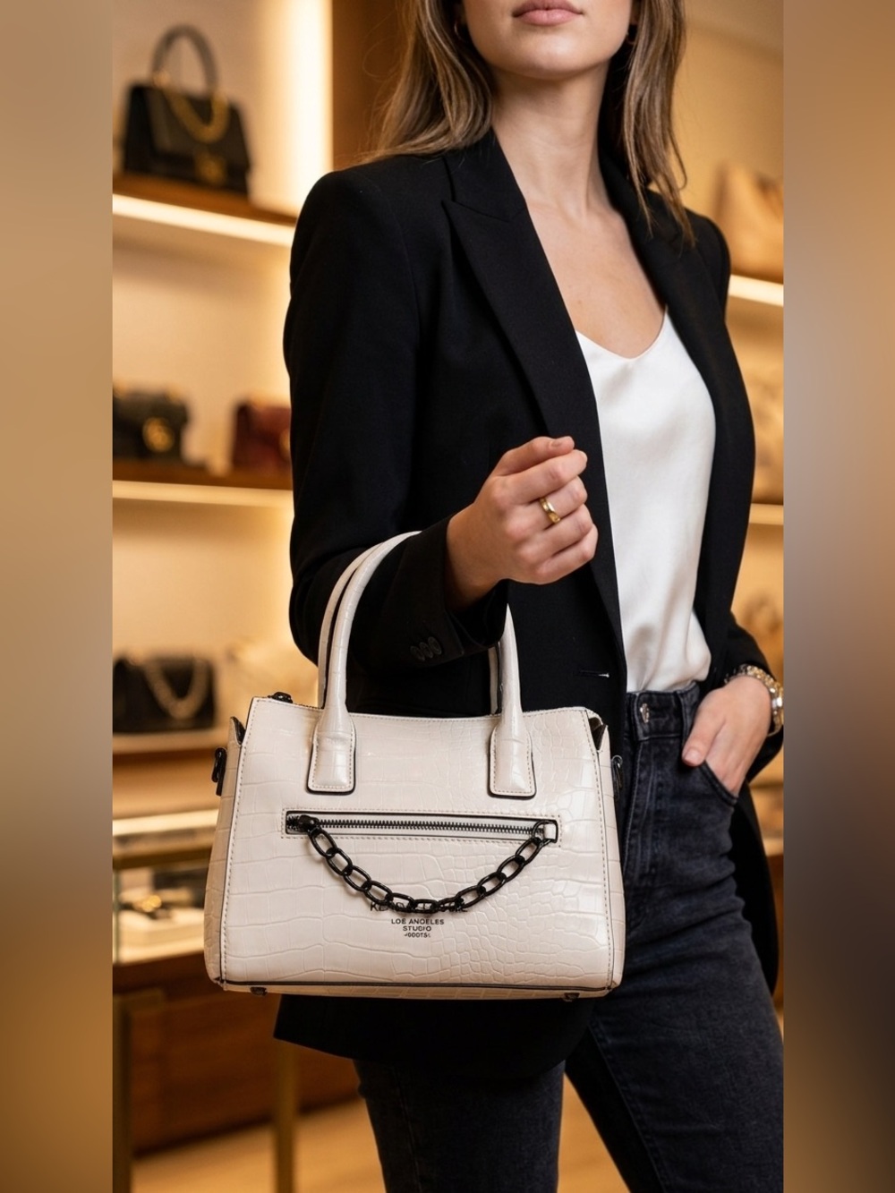 Kendall & Kylie Cream Croc-Embossed Satchel with Black Chain
